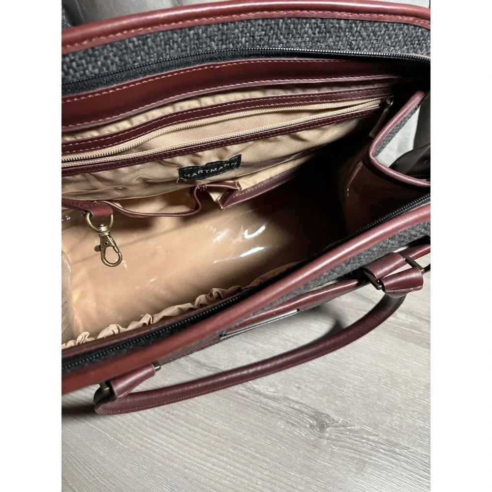Hartmann Tweed Leather Satchel Handbag Burgundy Charcoal Gray Vintage Travel Bag